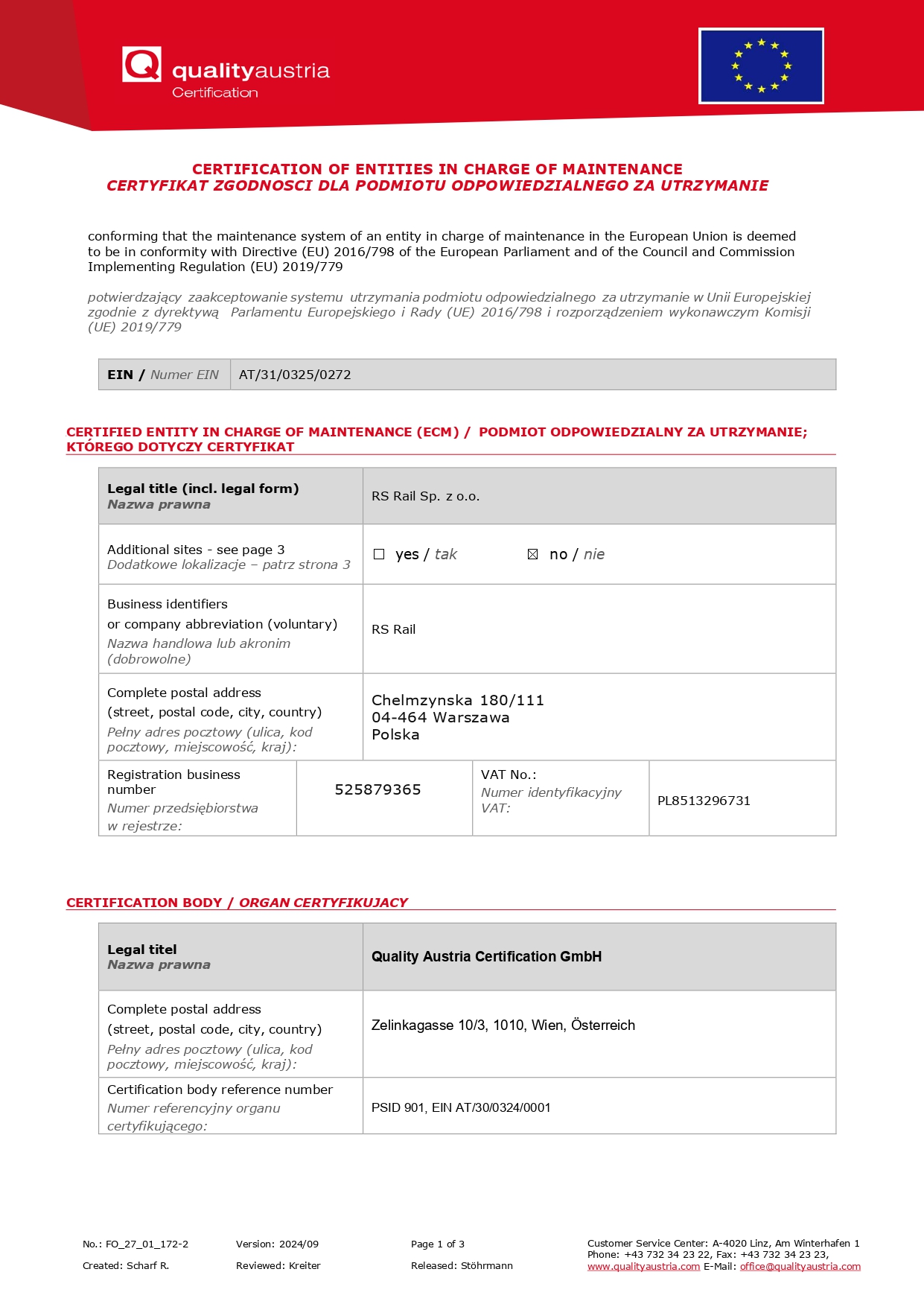 Poprzedni certyfikat ECM RS Rail - Quality Austria Certification GmbH (2025)