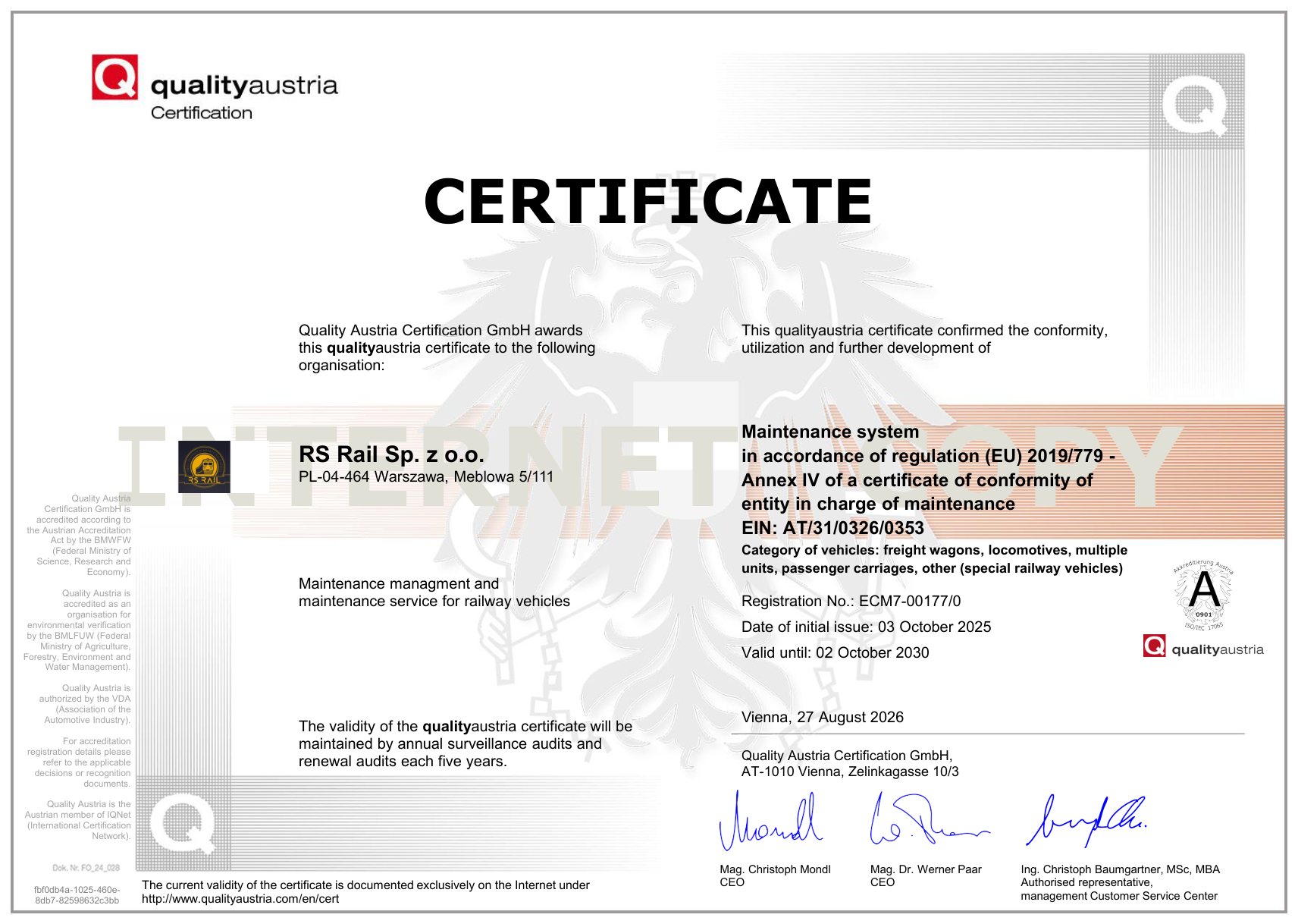 Certyfikat zgodności podmiotu odpowiedzialnego za utrzymanie (ECM) – Wersja angielska – RS Rail, Quality Austria Certification GmbH