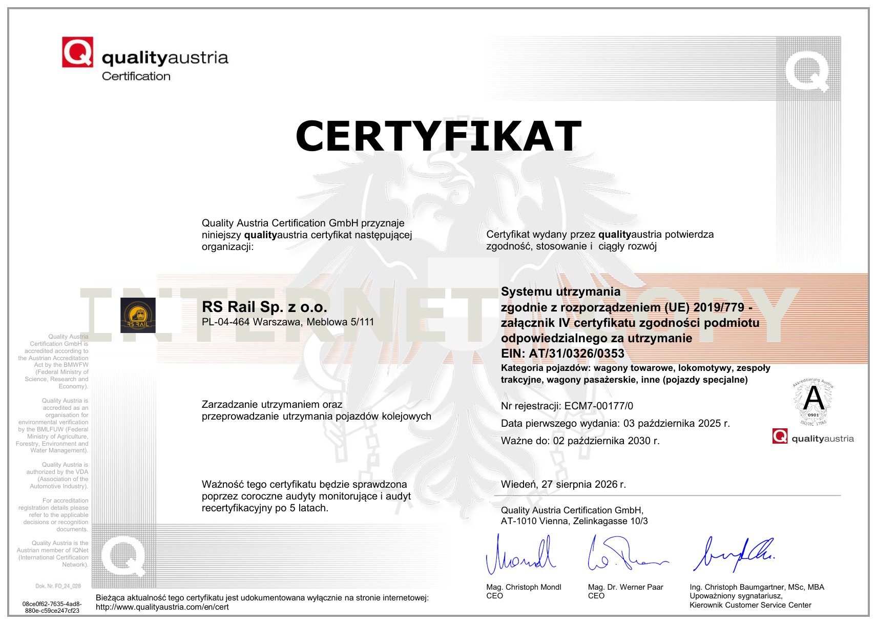 Certyfikat zgodności podmiotu odpowiedzialnego za utrzymanie (ECM) – Wersja polska – RS Rail, Quality Austria Certification GmbH