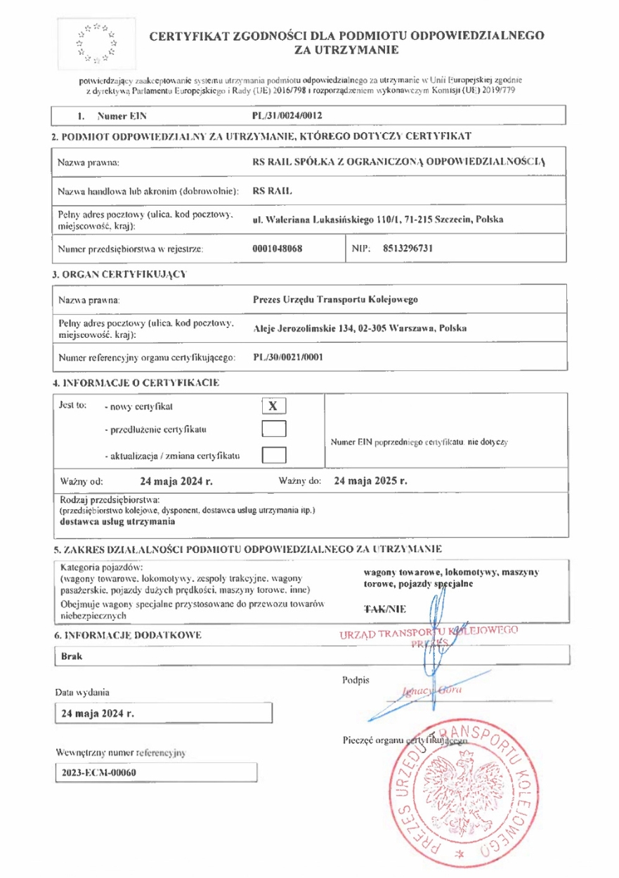 Poprzedni certyfikat ECM RS RAIL - Urząd Transportu Kolejowego (2024)